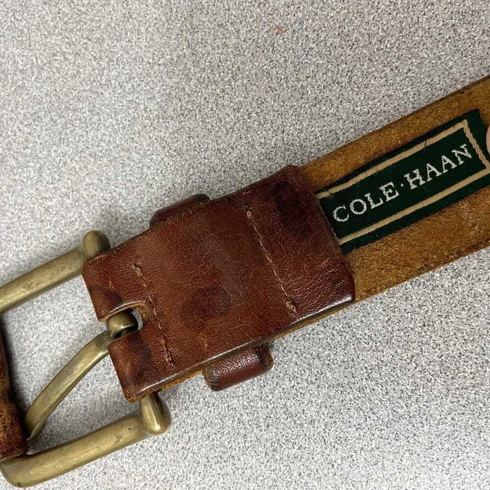 Cole Haan Leather Belt Mens 32 Brown Brass Buckle Stitched Classic Casual Italy